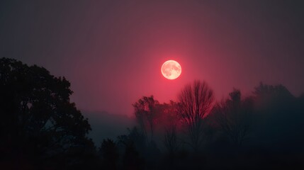 Brilliant crimson moon illuminates a foggy landscape above silhouetted trees