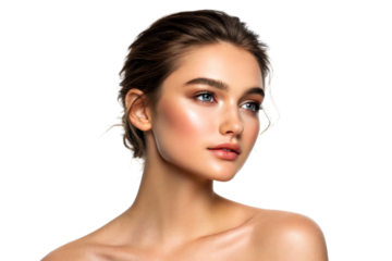 Young woman with radiant skin and natural makeup looking away, perfect for cosmetic and skincare promotions and lifestyle content.