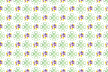 Repeating pattern of green mandala flowers and small blossoms
