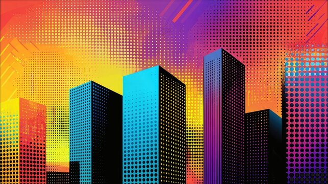 Abstract digital art depicting a row of stylized skyscrapers against a vibrant, gradient background with halftone dots and geometric lines.