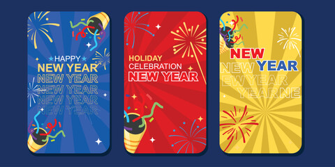 A set of three New Years card designs featuring subtle firework patterns and a Happy New Year message in purple, red, and blue.