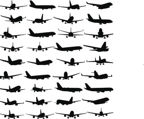 Airplane silhouettes vector illustration set, commercial aircraft shapes collection, passenger jet icons, flying transport aviation symbols, travel design bundle isolated on white.