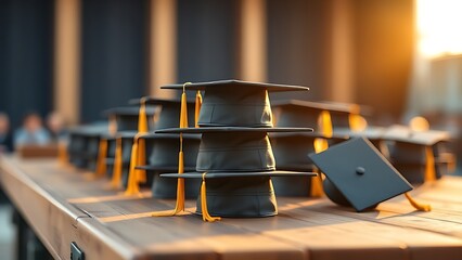 Graduation caps neatly stacked on wood, bathed in warm golden light, evoking academic achievement.