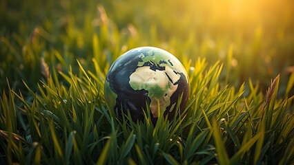 Earth symbolically surrounded by lush grass, representing environmental harmony in naturalistic tones.