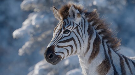 Naklejka premium Close up portrait of a zebra with striking brown and white stripes standing in a snowy environment