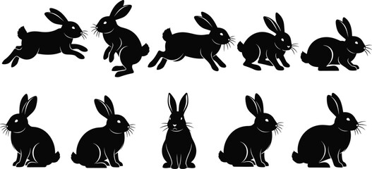 Black rabbit silhouette vector illustration set, cute bunny collection in various poses, running and sitting animal icons, isolated on white background for Easter design.