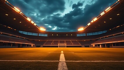 Empty soccer field at dusk with glowing stadium lights, creating a warm and atmospheric scene.