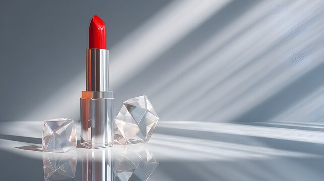 Brilliant red lipstick stands centered between sparkling crystalline objects in a softly lit  environment
