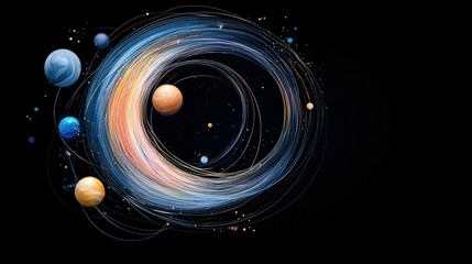 A vibrant, stylized representation of a solar system with multiple planets orbiting a central, swirling nebula of blue, orange, and pink light against a dark ba