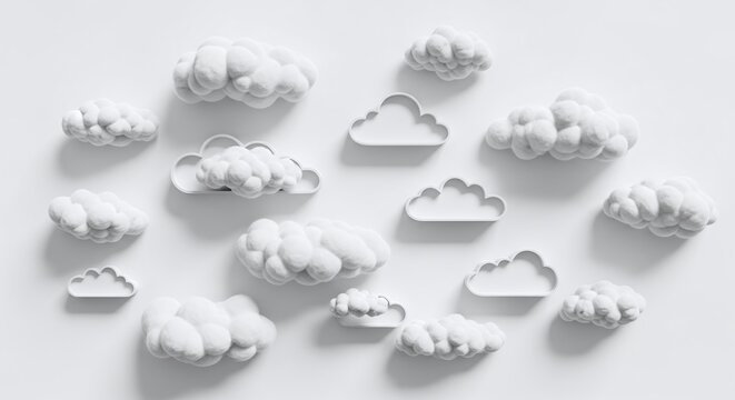 A collection of various white fluffy and outlined cloud shapes creating an abstract and minimalist pattern, isolated on white background - Powered by Adobe