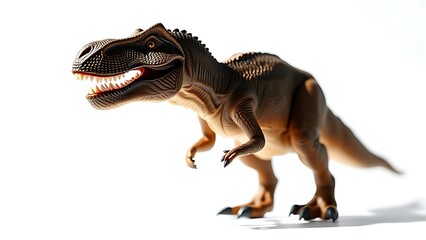 T-Rex figurine isolated on white with dramatic lighting, showcasing detailed textures and fierce presence.