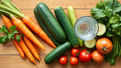 Fresh vegetables and a glass of water arranged on a wooden surface.