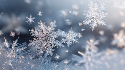 Snowflakes on a cold window, with a blue and white background.