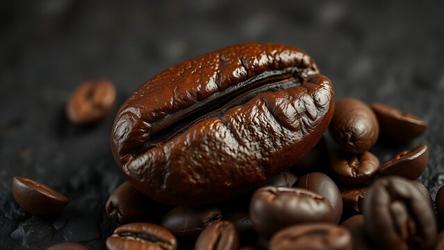 A macro shot of roasted coffee beans with textured details on a dark slate background.
