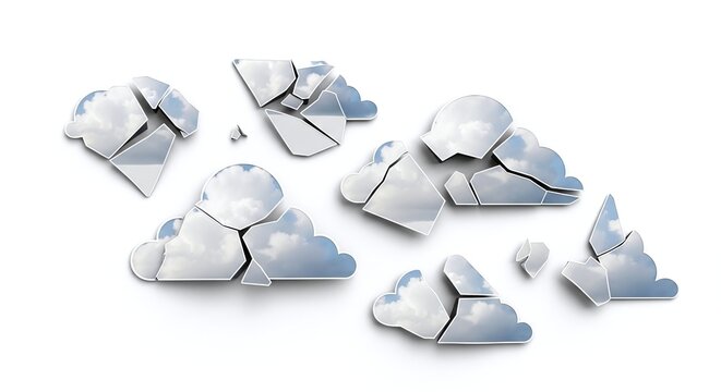 Several fragmented and broken clouds representing data loss, system failure, or disruption in cloud computing services, isolated on white background
