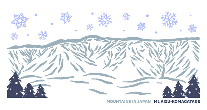 日本の冬の山シリーズ。雪降り積もる、福島県の会津駒ヶ岳。Japan's winter mountain series. Snow falls on Mount Aizu-Komagatake in Fukushima Prefecture.