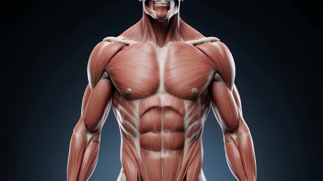 Muscular chest anatomy detail, pectoral and abdominal muscles