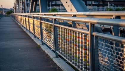 Urban Bridge Railing Covered with Flattened Colorful Recycled Metal Cans Creating Reflective Mosaic Effect at Golden Hour Sunset