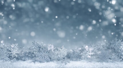 A serene winter landscape with snowflakes falling, a snow-covered ground, and a blurred background of trees and snow-covered branches.