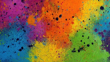 A vibrant, colorful abstract painting with splatters of paint in various hues of red, orange, yellow, green, blue, and purple, with black dots scattered throughout. 