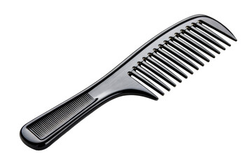 Shiny black comb with wide teeth and handle for detangling and styling hair, presented on a clean surface for beauty and personal care product promotion