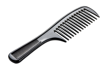 Shiny black comb with wide teeth and handle for detangling and styling hair, presented on a clean surface for beauty and personal care product promotion