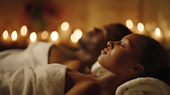 Soft candlelight creates a calming atmosphere as two people enjoy a serene spa experience together Generative AI
