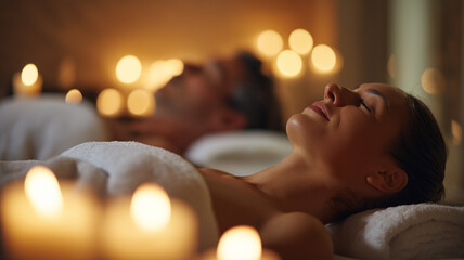 Two people enjoy a peaceful spa experience surrounded by flickering candles and soft ambient light Generative AI
