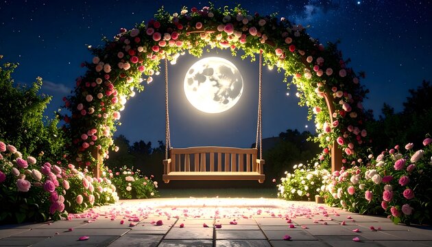 Romantic garden swing under moonlight surrounded by blooming roses high resolution image