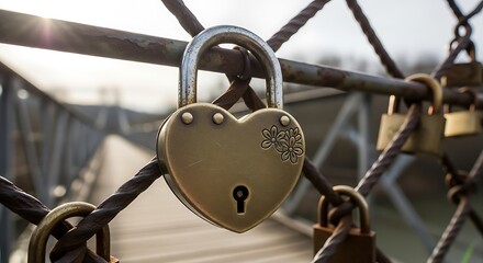 A heart shaped love lock symbolizing eternal commitment attached to a bridge fence