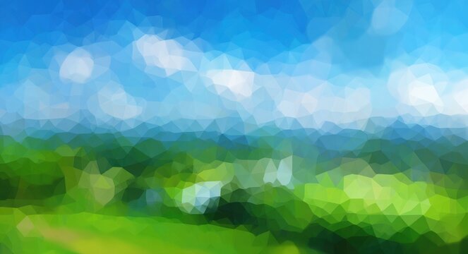 Geometric landscape art with triangular patterns showing beautiful blue sky and green rolling hills.