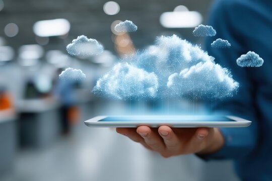 Cloud computing on a tablet: futuristic business visualization of cloud data and connectivity