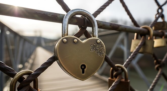 A heart shaped love lock symbolizing eternal commitment attached to a bridge fence