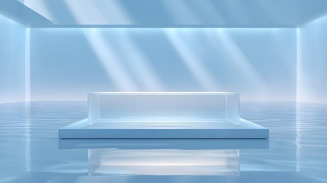 Minimalist display pedestal featuring a clear rectangular stage situated above rippling water surfaces