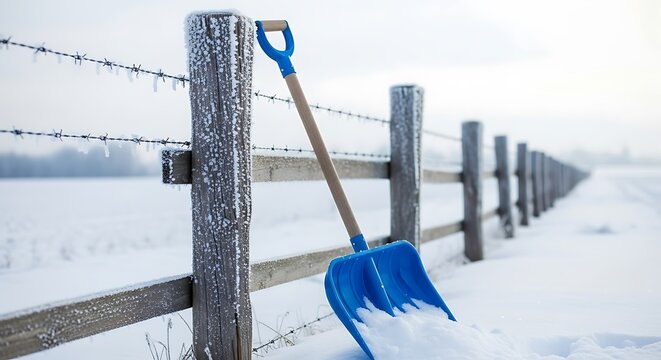 A bright blue snow shovel leans against a weathered wooden fence post covered in frost on a cold winter day