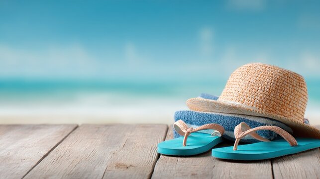 flip flops at the beach, beach, blue wooden table, summer accessory, summer fashion, flip-flops, beachwear, straw hat, white background, summer style, wooden surface, summer
