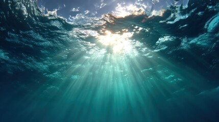 Fototapeta premium Underwater scene with sunbeams shining through the water, creating a serene and tranquil atmosphere. 