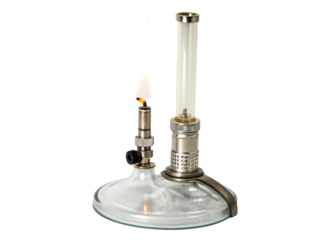 Vintage laboratory gas burner with a bright flame for scientific experiments and heating applications in educational institutions and research facilities