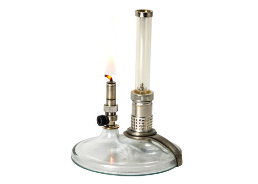 Vintage laboratory gas burner with a bright flame for scientific experiments and heating applications in educational institutions and research facilities
