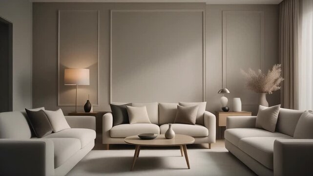 Neutral modern living room with soft sofa, panel walls and subtle warm lighting.