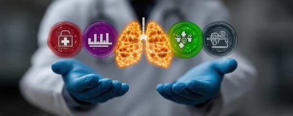 Doctor in white coat and blue gloves presents holographic medical icons and lungs for healthcare innovation