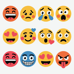 Twelve Expressive Emoji Icons on White Background, Cheerful Cartoon Faces Showing Fun and Playful Emotions