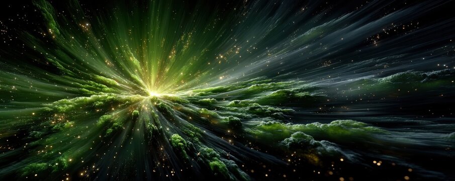 Green light spreads from the center, creating a vibrant cosmic glow across space clouds