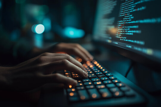 Hands are swiftly typing on a vibrant mechanical keyboard in a dark, tech-filled room at night Generative AI