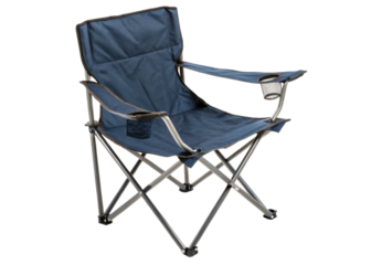 Compact navy blue fabric camping chair with metal frame and cup holders on armrests, perfect for outdoor adventures and recreational activities.