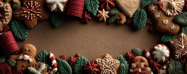 Festive Christmas decorations and cookies frame a warm light brown background for holiday scenes