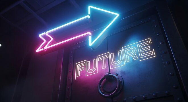 Vibrant neon arrow points towards the word future illuminated in a striking blue and pink glow