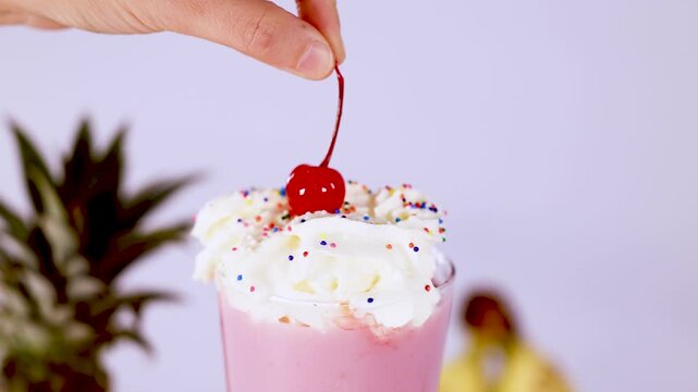 Hand Placing Cherry on Whipped Cream Milkshake Close-Up