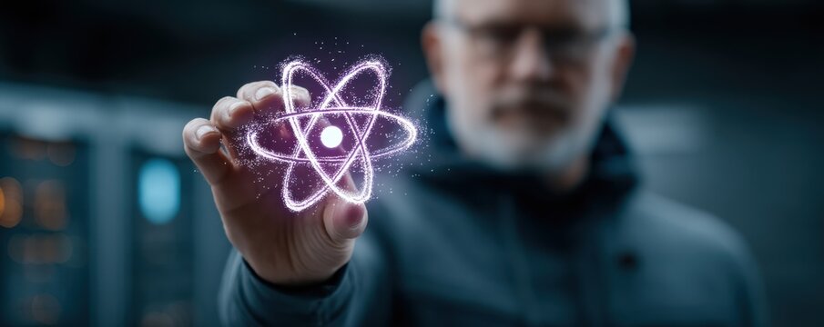 Man holds glowing atomic hologram in front of data center, illustrating science and futuristic technology - Powered by Adobe