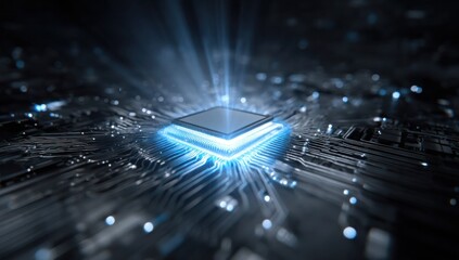 A computer chip is lit up in a blue light
